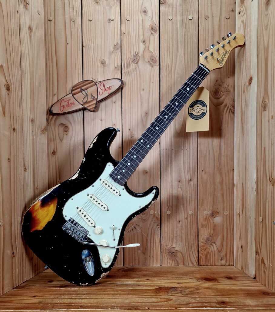 Del-Tone 60’s S-style Black over 3-Tone Sunburst - Heavy aged